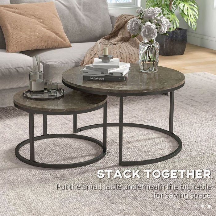 Premium HOMCOM 2-Pc Stacking Coffee Table Set: Steel Frame, Marble-Effect, Foot Pads