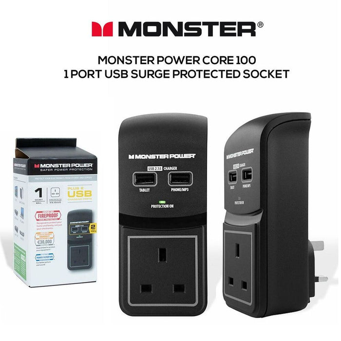 Monster Power Core 100 Surge Socket w/ 2 USB Ports - Black, High-Quality & Warranty