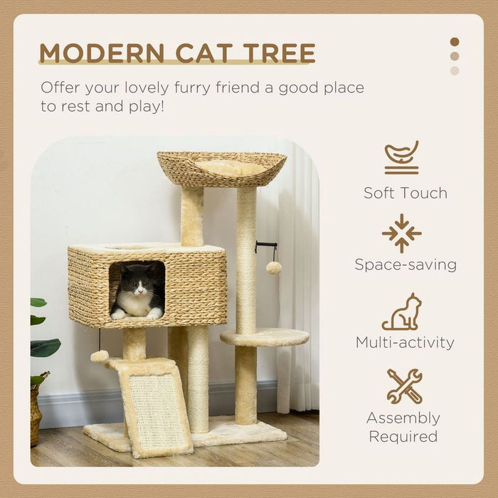 PawHut 95cm Cat Tree Tower w/ Scratching Post, Cat House, Ball Platform - Beige