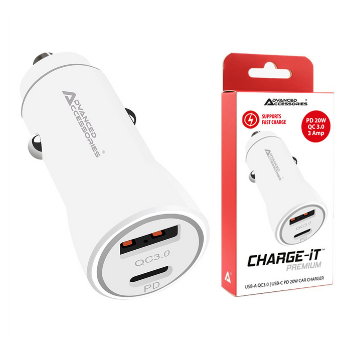 AA CHARGE-iT Premium Dual Car Charger - USB-A (QC 18W) USB-C (PD 20W) - White