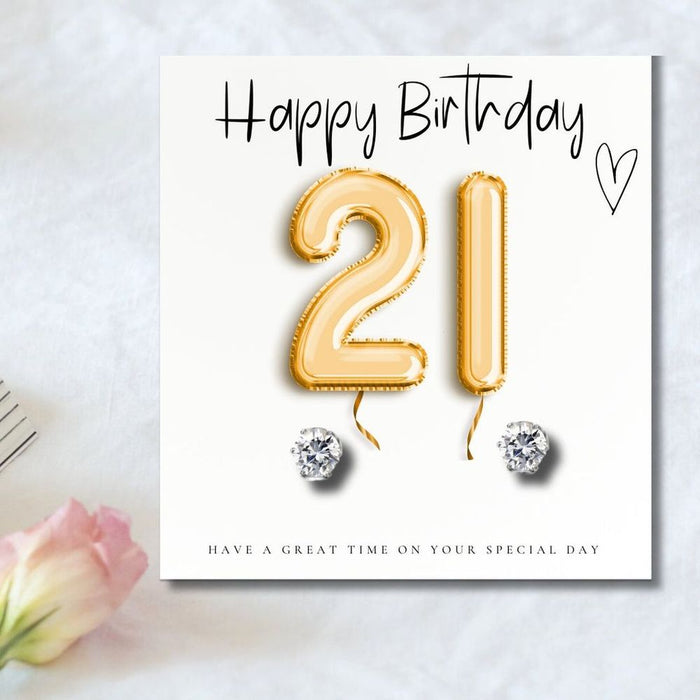 21st Birthday Gold Balloons - Earrings & Message Card