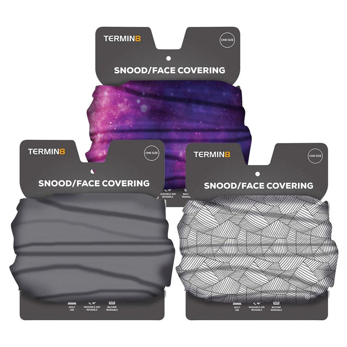 Termin8 Snood 3 Pack: Grey Geo, Pink Galaxy & Dark Grey - Soft, Versatile, Breathable