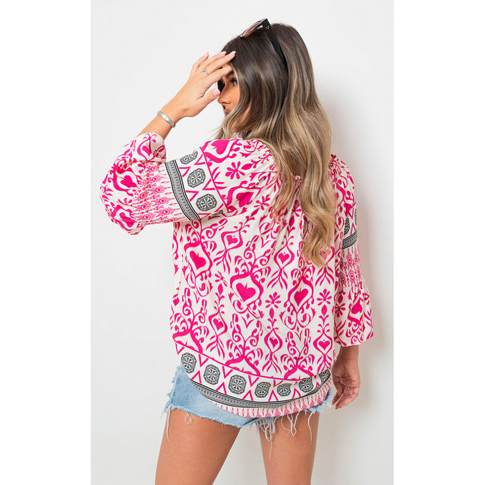 Captivating Boho Prints: Tassel Tie Neck Long Sleeve Tops