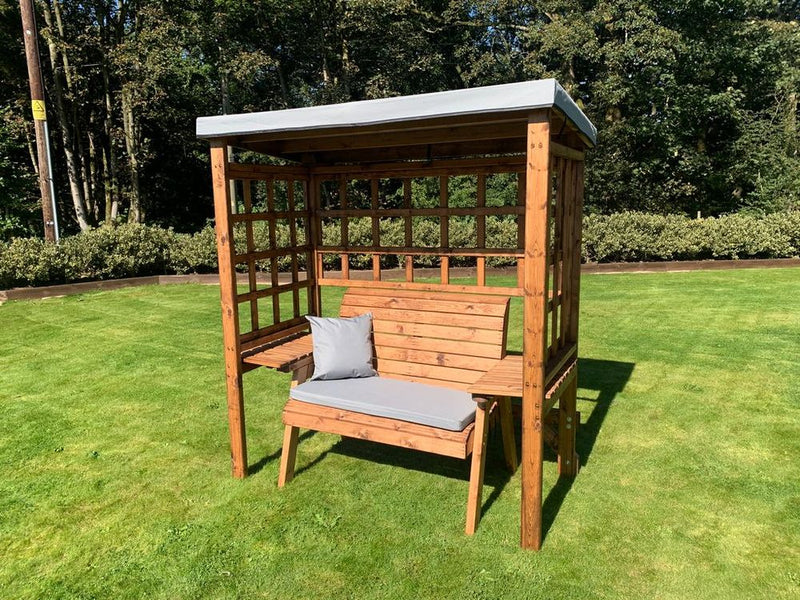 Wentworth Two Seat Arbour Green - Handcrafted, Waterproof Roof, Side Tables, Made in Britain, FSC Wood