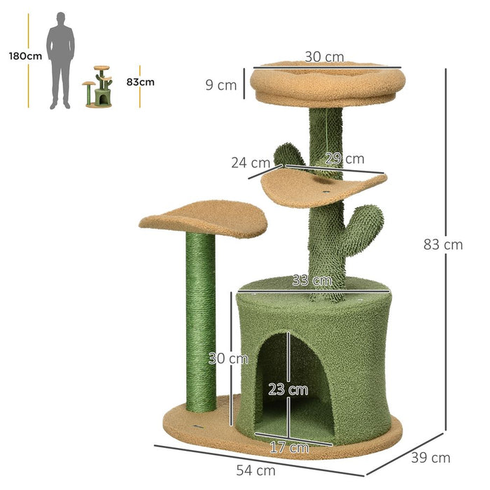 PawHut Cactus Cat Tree 83cm Cat Climbing Tower Kitten Activity Centre w/Cat House, Bed, Sisal Scratching Post, Hanging Toy Ball - Green