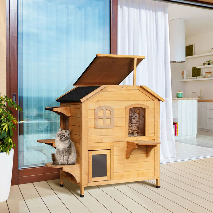 Wooden Cat House Cat Cave Pet Shelter Condos Outdoor Natural Wood Finish