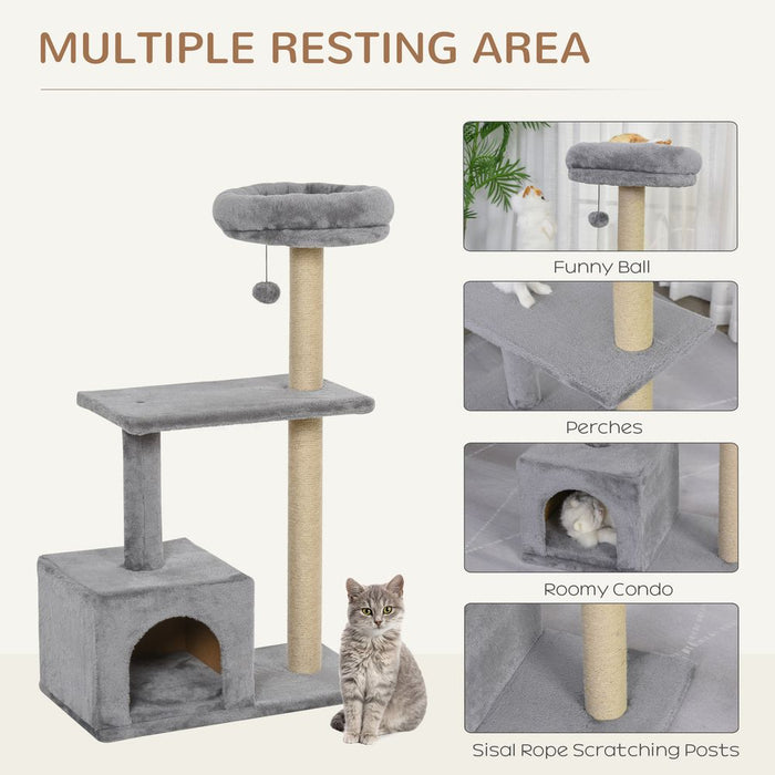 PawHut 96cm Cat Tree Condo Sisal Scratching Post Cat Tower Kitten Play House Dangling Ball Activity Center Furniture Grey