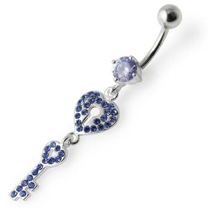 Fancy Jeweled Hear Key Dangling Navel Ring