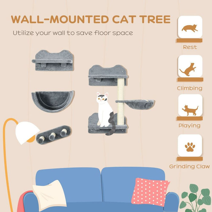 PawHut Cat Climbing Wall w/ Hammock, Scratching Post, & More - Grey