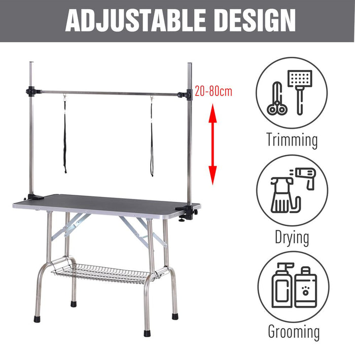 PawHut Metal Adjustable Dog Grooming Table Rubber Top 2 Safety Slings Mesh Black