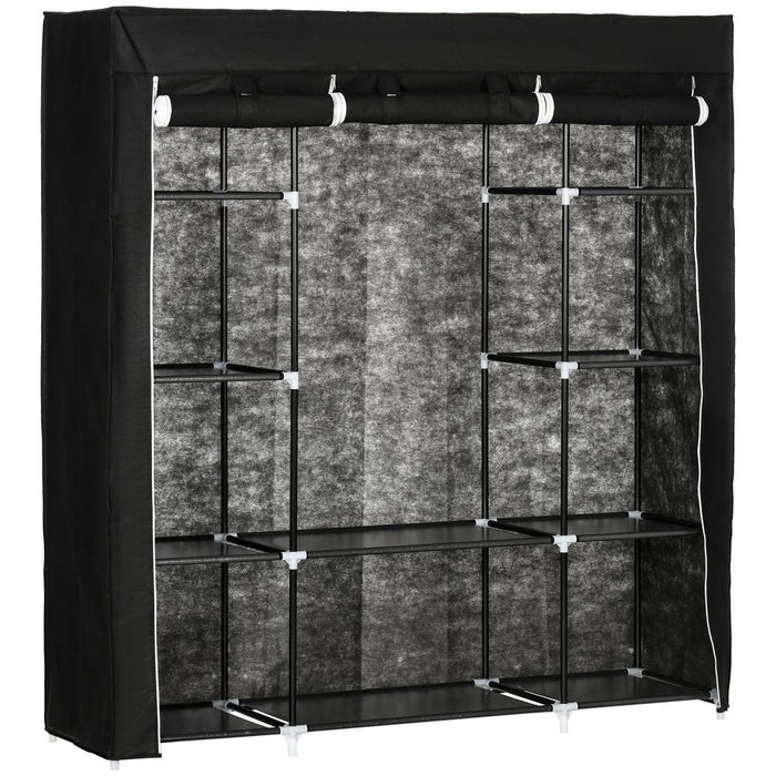 Portable Fabric Wardrobe 10 Shelves & Hanging Rail - Black