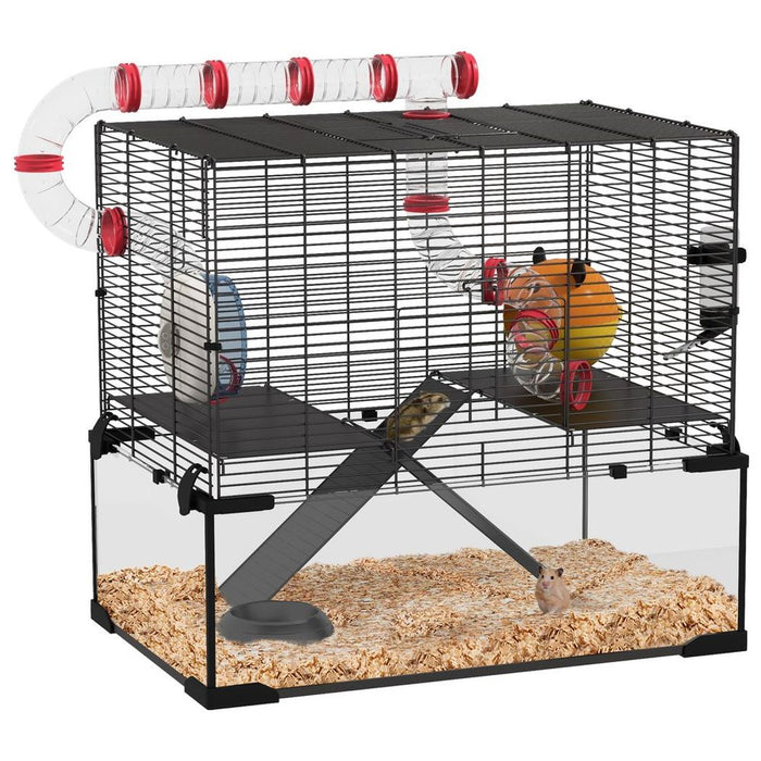 PawHut Hamster Cage w/ Tubes, Ramps, Platforms, Hut | High-Quality Upgrade for Happy Small Pets