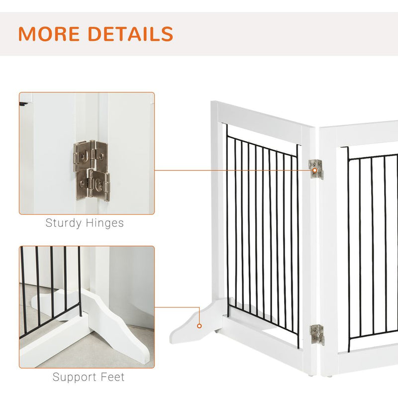 PawHut Foldable Wooden Pet Gate w/ 3 Panels 2 Support Feet for Small Dogs White