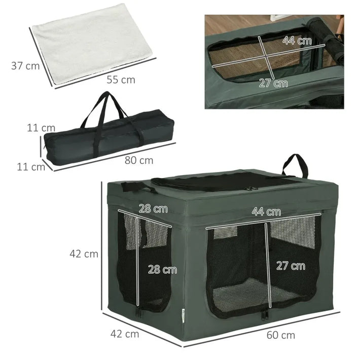 Foldable Pet Carrier Cat Bag - Comfortable Cushion, 3 Doors, Grey - Cats & Miniature Dogs, Portable & Spacious - 60cm