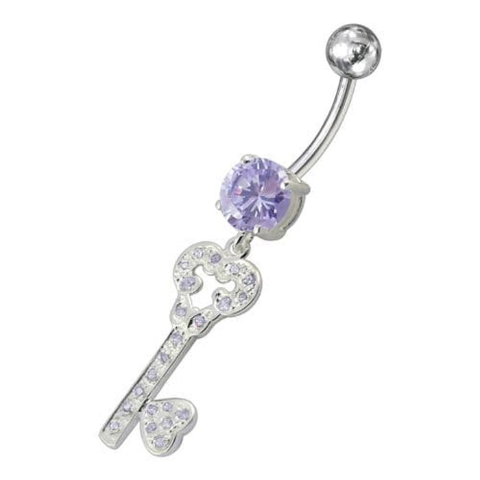 Jeweled Heart Key Dangling Belly Ring