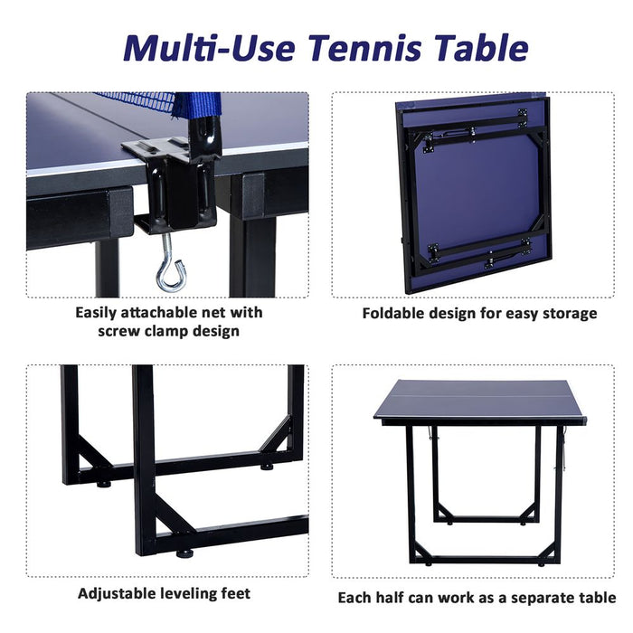 HOMCOM 6ft 182cm Mini Table Tennis Table Folding Ping Pong Table with Net Multi-Use Table for Indoor Outdoor Game, Blue