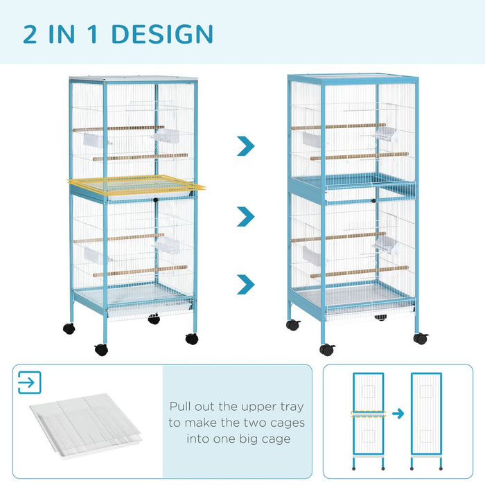 2 In 1 Large Bird Cage Aviary with Wheels, Slide-out Trays Wood Perches