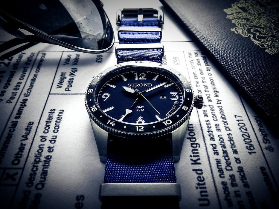 Strond SSC-101 24h GMT, All Stainless Steel & Blue, black bezel Watch