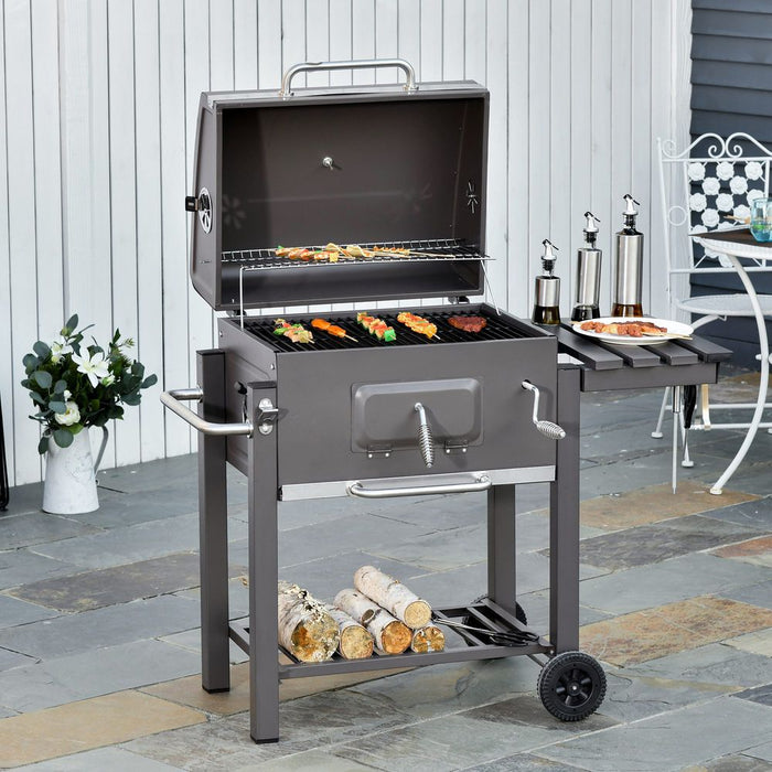 Premium Charcoal Grill BBQ Trolley | Wheels | Side Shelf | Thermometer | Steel | Black