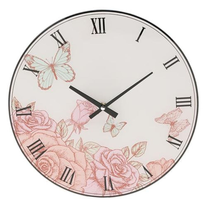 Hometime Glass Wall Clock 30cm Floral Butterfly Design - High Quality Statement Piece