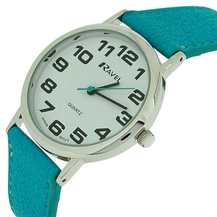 Title (80 characters): "Ravel Unisex Classic Big Dial Blue Leather Strap Watch R0105.13.16A