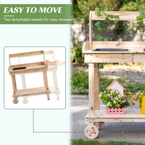 Wooden Bench Work Table & 2 Wheels, Sink, Drawer & Storage Spaces, 92x45x119cm