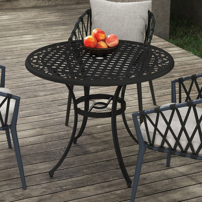 Outsunny Garden Table, Cast Aluminium Frame - Black. Parasol Hole, Seats 2-4