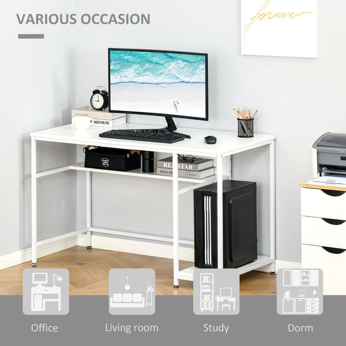 Premium White Computer Workstation: Spacious Desk with Storage Shelf & Steel Legs