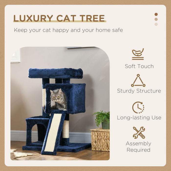 PawHut Luxury Cat Tree - Rest, Play, Scratch, & Sleep - 2 Houses, Perch, Scratching Post - Navy Blue