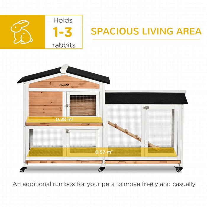 PawHut Rabbit Hutch Outdoor with Run Guinea Pig Hutch 2-Tier Bunny Cage w/Wheels No-Leak Plastic Tray 157.4 x 53 x 99.5 cm - Yellow