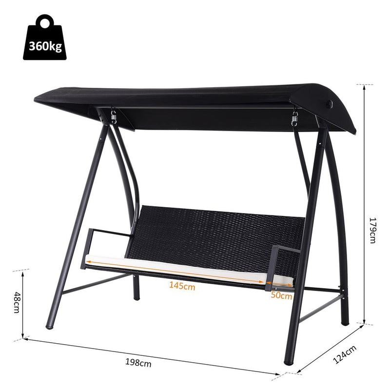 Luxury 3-Seater Rattan Garden Swing Chair in Black - Weatherproof, UV Resistant, Adjustable Sunroof - High Quality & Easy Assembly