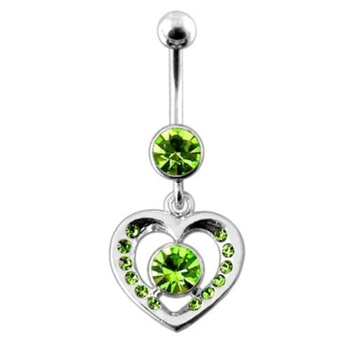 Fancy Jeweled Heart And Centered Stone Dangling Belly Ring Body Jewelry