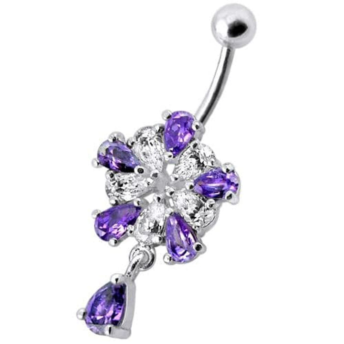 Jeweled Fancy Silver Flower Dangling Banana Bar Navel Belly Ring