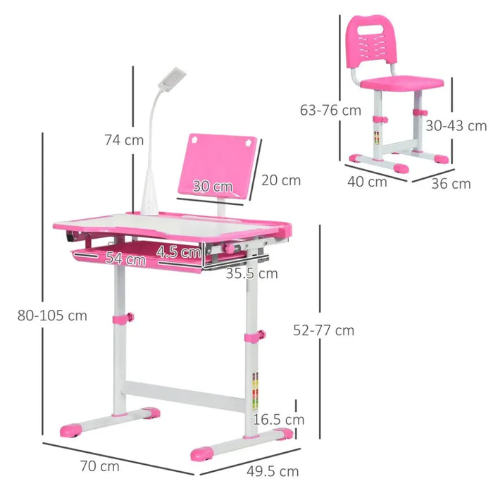 Kids Study Desk and Chair Set w/ Adjustable Height, Storage Drawer - Pink