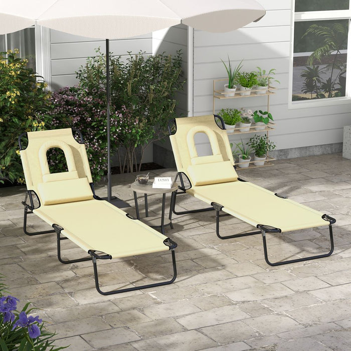 Outsunny Folding Sun Lounger Set of 2 Reclining Chair with Reading Hole Beige