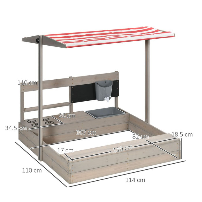 Outsunny Kids Wooden Sandbox w/ Canopy, Kitchen Toys, Seat, Storage, for Outdoor