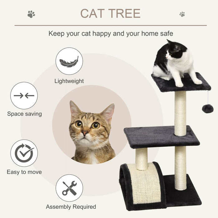 PawHut Cat Tree Tower for Indoor Cats, 72cm Climbing Activity Centre w/Sisal Scratching Post, Pad, Arc Perch, Hanging Ball, Toy - Black