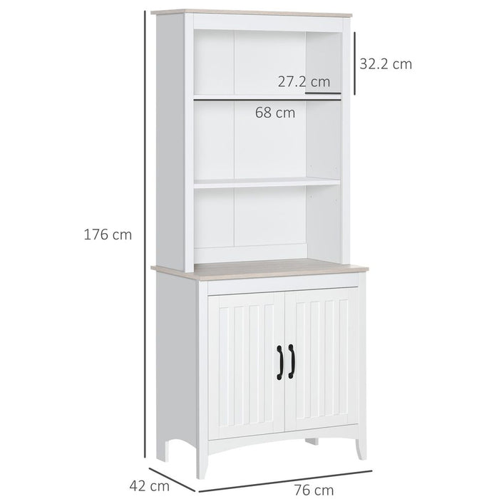 White Kitchen Cupboard with 3-tier Shelving" - Maximize storage and minimize clutter with our sleek, spacious pantry cabinet.