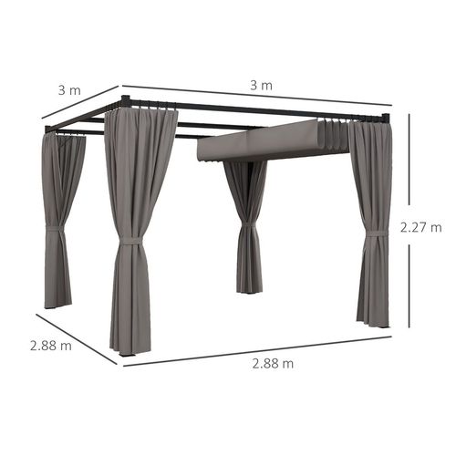 Outsunny 3 x 3(m) Pergola with Retractable Roof and Curtains, Light Grey