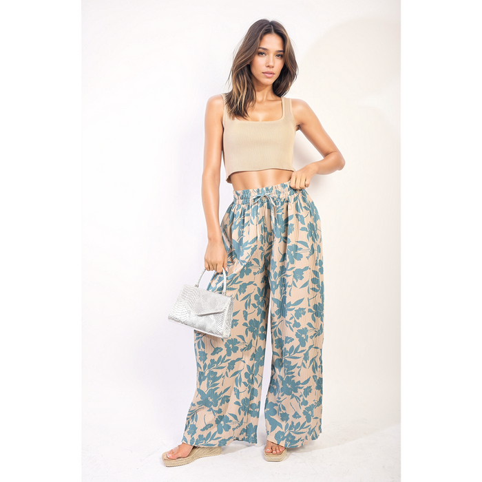 Pleated Wide Leg Floral Print Trousers