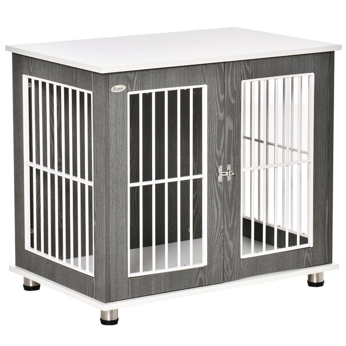 PawHut Dog Crate Wooden Pet Kennel Cage End Table w/Lockable Door for Small Medium Dog Grey & White 85 x 55 x 75 cm