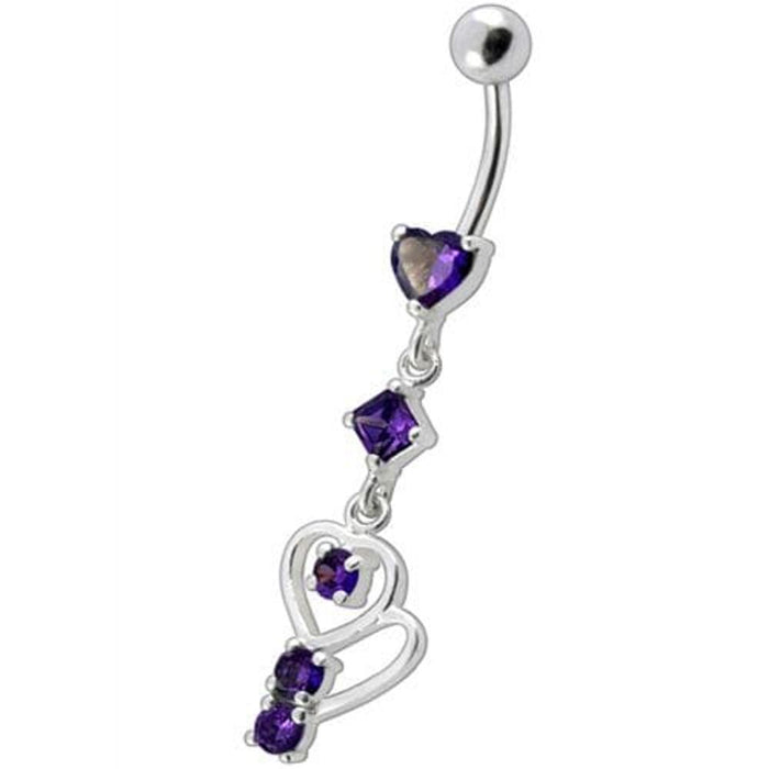 Fancy Heart Shape Jeweled Small Dangling Heart Banana Bar Belly Ring