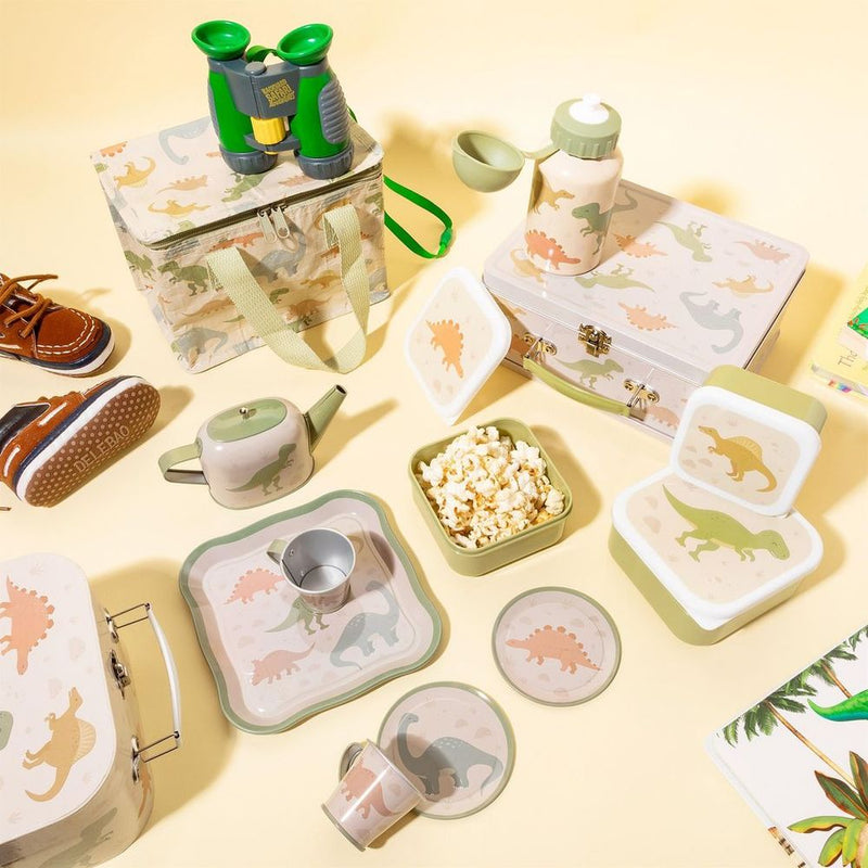 Dinosaur Tea Set for Kids - Tray, Teapot, Plates, Teacups - Tin, Earthy Greens - Not for Hot/Cold Drinks - Ages 3+ - D17.5xH9.5xW17cm