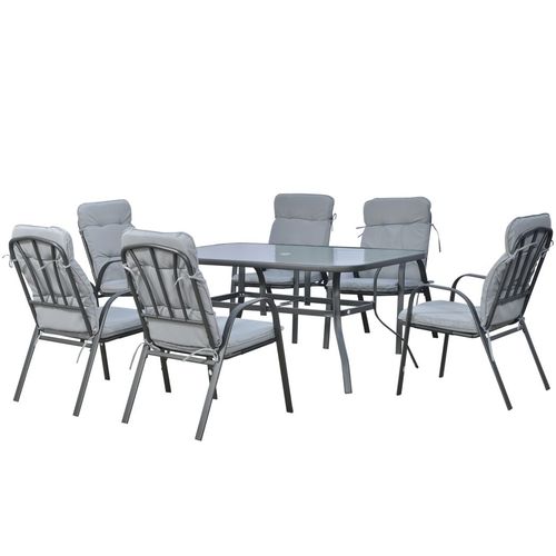 Outsunny 7 PCs Garden Dining Set, Glass Table w/ Umbrella Hole & Cushion, Black