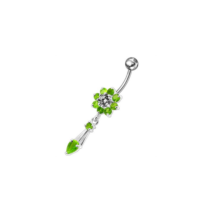 Jeweled Fancy Flower Dangling SS Banana Bar Navel Ring