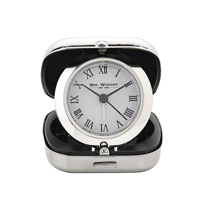 Wm Widdop Fold-up Roman White Dial Alarm Clock - Premium Quality Travel Clock with Chrome Finish - Luminous Hands - Beep Alarm