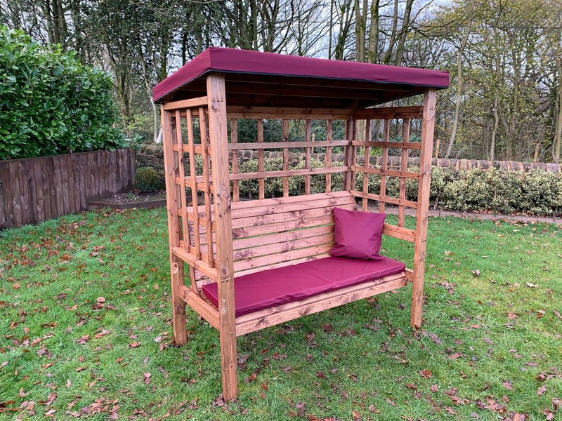 Premium Bramham Three Seat Arbour - Green/Grey/Burgundy - Waterproof & Hand-Finished - Made in Britain - 10-year Rot Free Guarantee