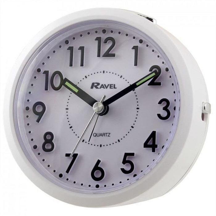 Ravel Round Tilt Alarm Clock - White. Silent Sweep, Beep/Bell Alarm, Snooze & Light - Quality Quartz Movement