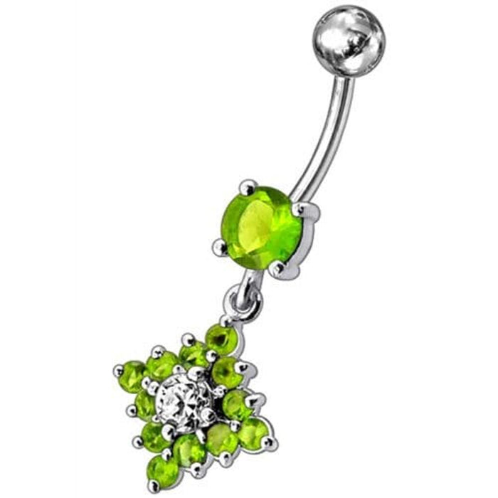 Flower Belly Navel Ring Fancy CZ Gemmed Dangle Button