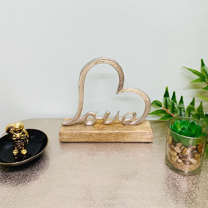 Silver Metal Love Heart on Wooden Base - Elegant Home Decor